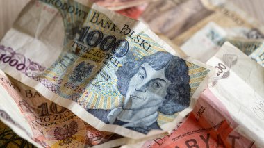 Nicolaus Kopernik 'in portresi 1000 bin eski Polonya zloti banknotunun ters parçasından 1982, eski zloti parası, Polonya, antika retro.