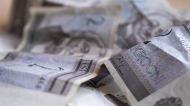 Bir yığın halinde iki Estonya kronu. Hayatın zengin kavramsal geçmişi. Eski Estonya parası.