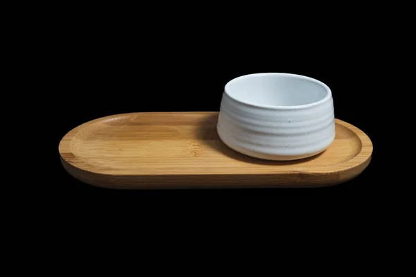 Isolated Ceramic Mug Tea Made White Clay Wooden Plate Black — Fotografia de Stock
