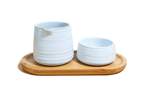 Set Ceramic Mug Jug Tea Made White Clay Wooden Plate — ストック写真