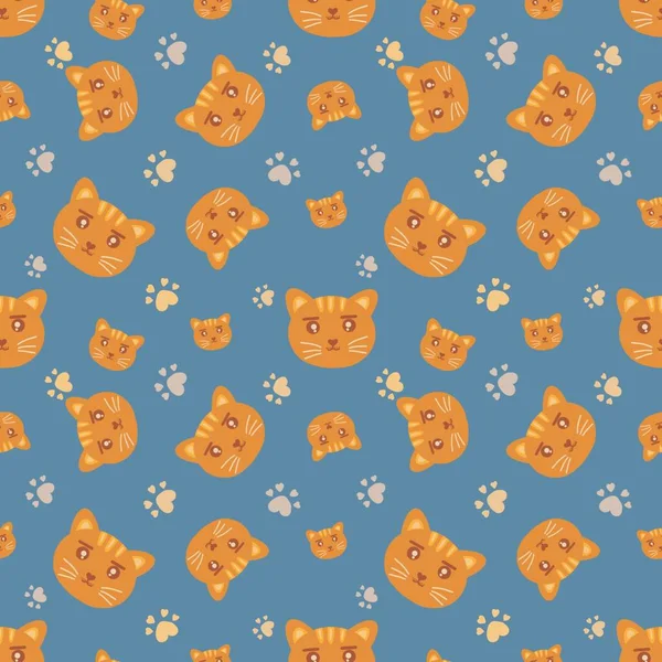 Seamless pattern with orange cat faces and cat paws. Creative childish texture. Great for fabric, hand drawing textile Illustration.