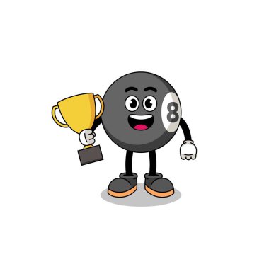 Çizgi film maskotu bilardo topu elinde bir kupa, karakter tasarımı