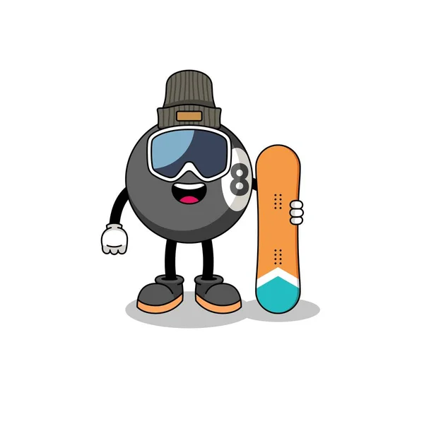 Mascotte Cartoon Van Biljartbal Snowboardspeler Karakter Ontwerp — Stockvector