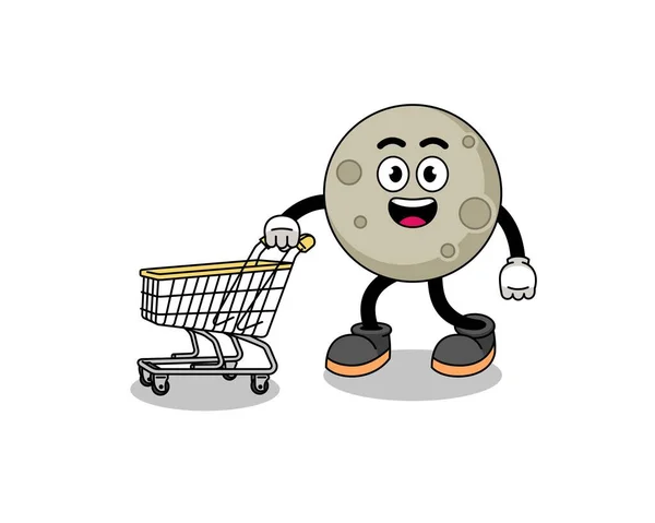 Dibujos Animados Luna Sosteniendo Carro Compra Diseño Del Carácter — Vector de stock