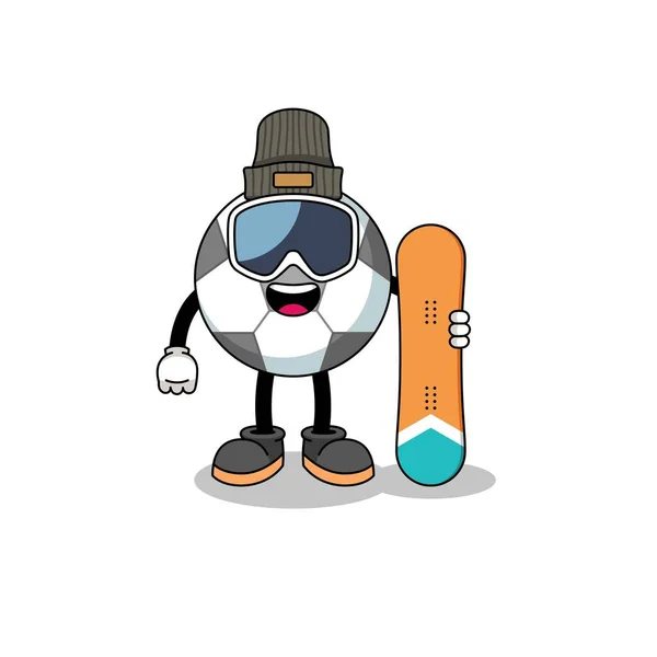 Mascot Cartoon Soccer Ball Snowboard Player Character Design — Stock Vector