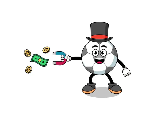 Character Illustration Soccer Ball Catching Money Magnet Character Design — Stock Vector