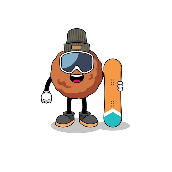 Mascotte Cartoon Van Gehaktbal Snowboard Speler Karakter Ontwerp — Stockvector