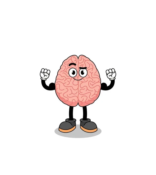 Cartone Animato Mascotte Del Cervello Posa Con Muscoli Character Design — Vettoriale Stock