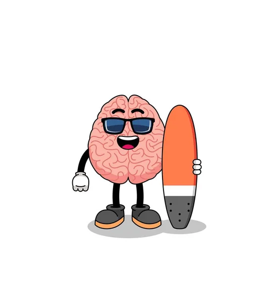 Cartone Animato Della Mascotte Del Cervello Come Surfista Character Design — Vettoriale Stock