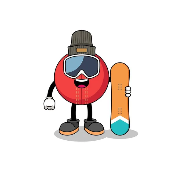 Mascotte Cartoon Van Cricket Bal Snowboard Speler Karakter Ontwerp — Stockvector