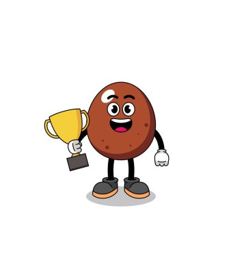 Çikolata yumurtasının çizgi film maskotu elinde bir kupa, karakter tasarımı