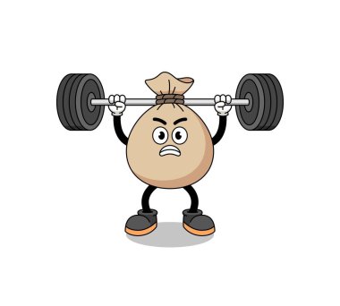 Para çuvalı maskotu çizgi filmi halter kaldırıyor, karakter tasarımı