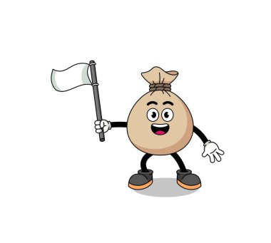 Para çantasının beyaz bir bayrak taşıdığı çizgi film tasarımı, karakter tasarımı