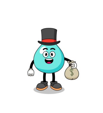Su maskotu resimli zengin adam para kesesi tutuyor, karakter tasarımı.