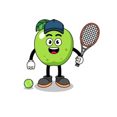 Tenis oyuncusu olarak yeşil elma çizimi, karakter tasarımı