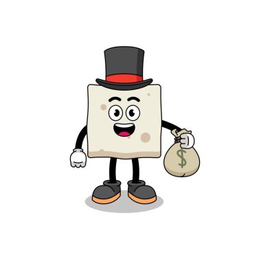 Tofu maskotu. Elinde para çantası olan zengin bir adam. Karakter tasarımı.