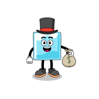 Buz bloğu maskotu çizimi. Elinde para çantası olan zengin bir adam. Karakter tasarımı.