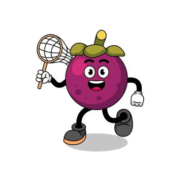 Bir kelebek yakalayan mangosteen karikatürü, karakter tasarımı