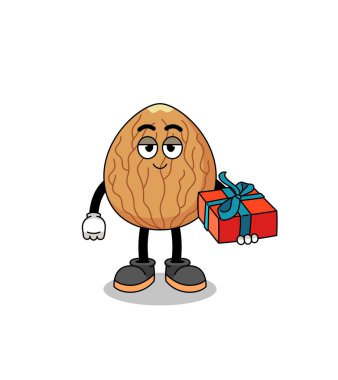 Badem maskotu çizimi bir hediye veriyor, karakter tasarımı.