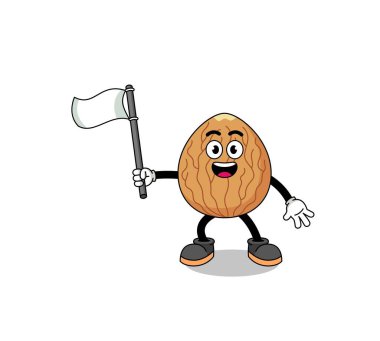 Beyaz bir bayrak tutan badem çizgi film tasarımı, karakter tasarımı