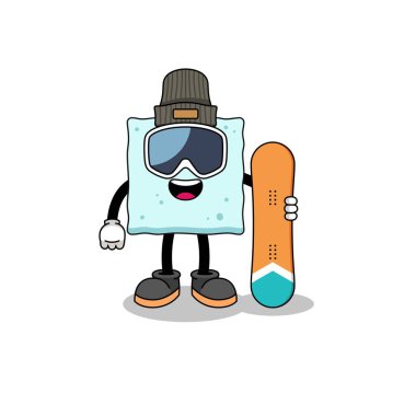 Şeker küpü snowboard oyuncusunun maskot karikatürü, karakter tasarımı