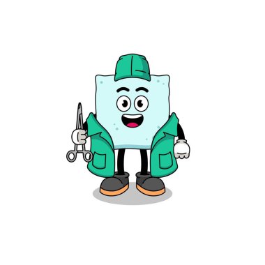 Bir cerrah olarak küp şeker maskotu tasviri, karakter tasarımı