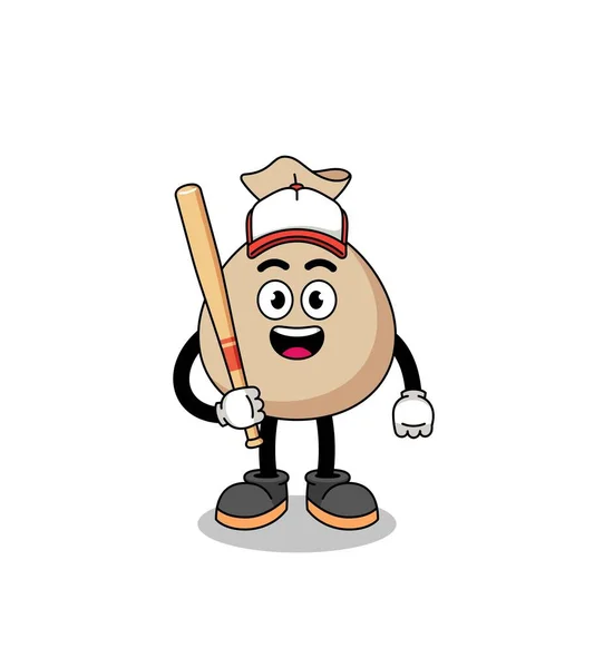 Soldi Sacco Mascotte Cartone Animato Come Giocatore Baseball Character Design — Vettoriale Stock