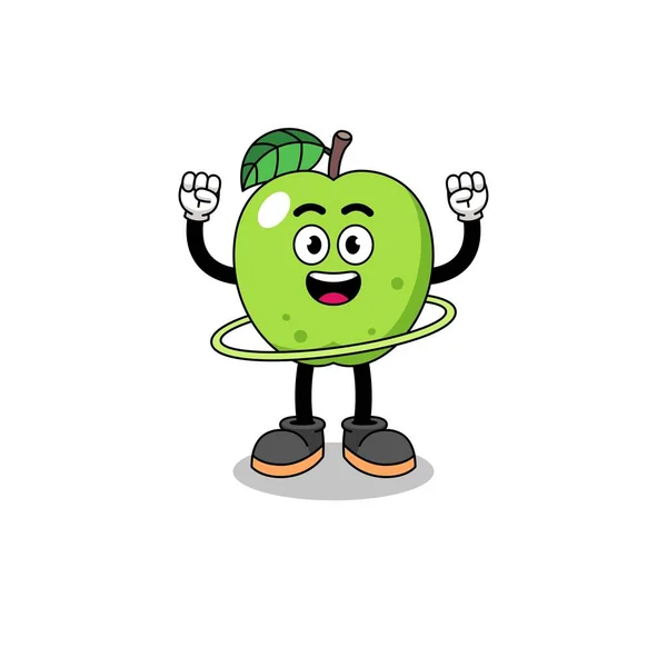 Характер Иллюстрация Зеленого Яблока Играющего Хула Обруч Дизайн Персонажа — стоковый вектор