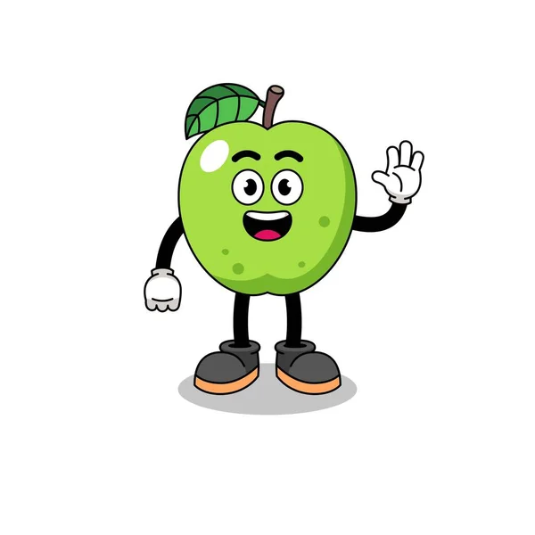Zelené Jablko Karikatura Dělá Vlna Gesto Ruky Charakter Design — Stockový vektor