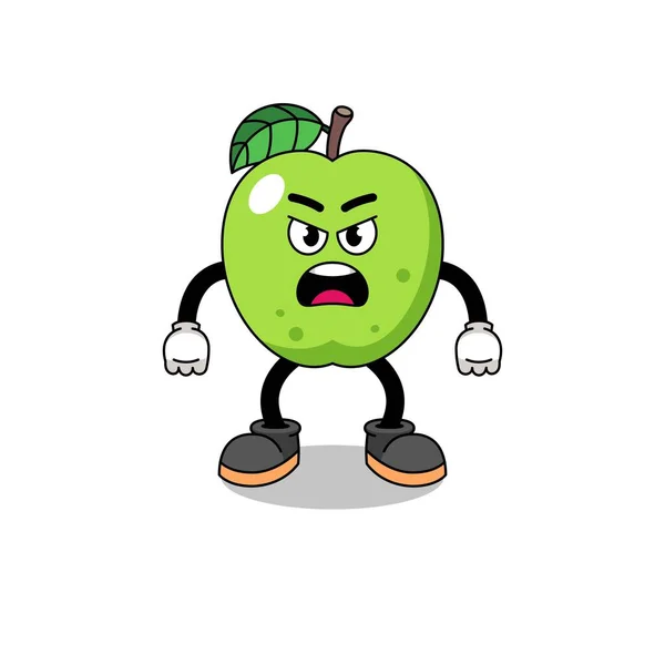 Groene Appel Cartoon Illustratie Met Boze Uitdrukking Karakter Ontwerp — Stockvector