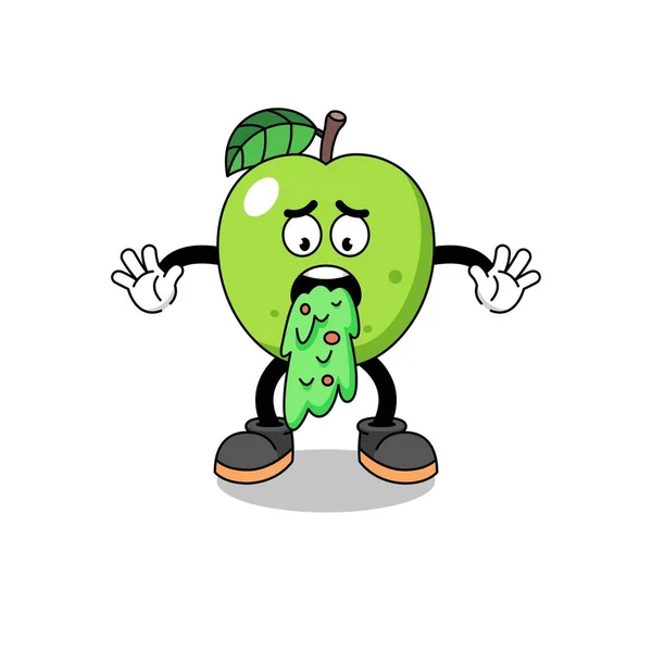 Green Apple Mascot Cartoon Vomiting Character Design — Stock Vector