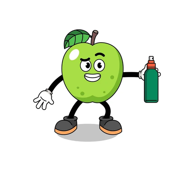 Verde Mela Illustrazione Cartone Animato Tenendo Repellente Zanzare Character Design — Vettoriale Stock