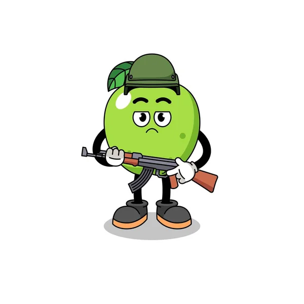 Tecknad Gröna Äpple Soldat Karaktär Design — Stock vektor
