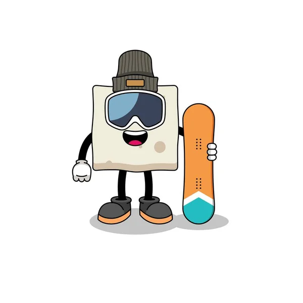 Cartone Animato Della Mascotte Tofu Snowboard Player Character Design — Vettoriale Stock