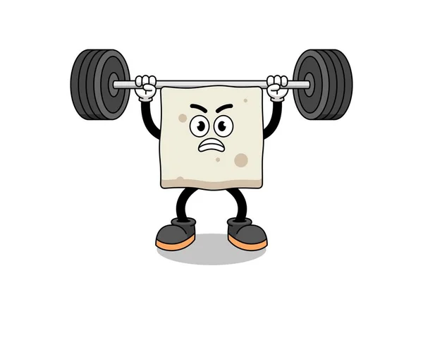 Tofu Mascot Cartoon Lifting Barbell Character Design — Stock Vector