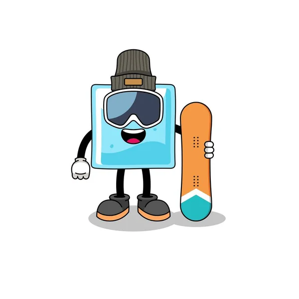 Mascota Dibujos Animados Bloque Hielo Jugador Snowboard Diseño Personajes — Vector de stock