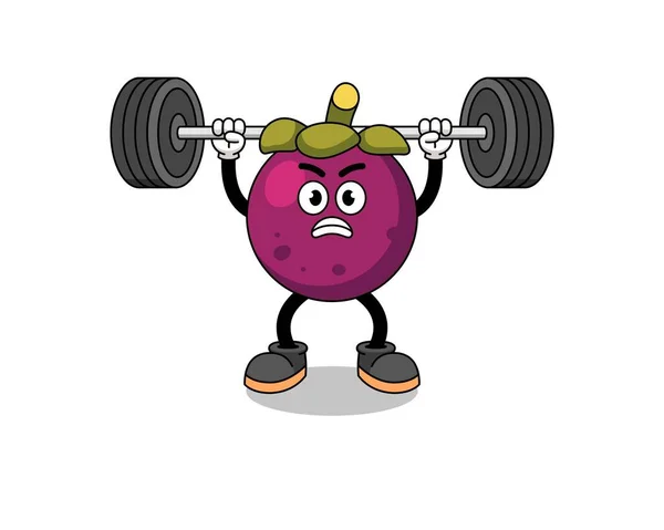 Mangosteen maskot çizgi filmi halter kaldırıyor, karakter tasarımı