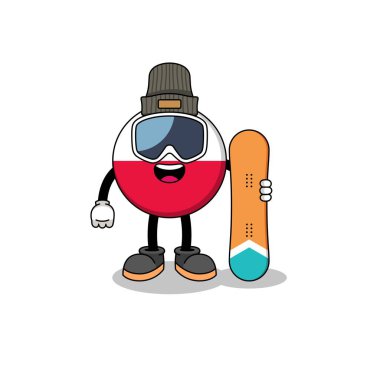 Polonya bayraklı snowboard oyuncusunun maskot karikatürü, karakter tasarımı
