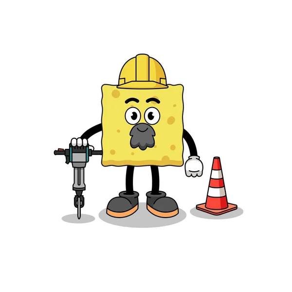 Character Cartoon Sponge Working Road Construction Character Design — Stock Vector