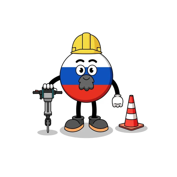 Yol Yapımı Karakter Tasarımı Üzerine Çalışan Rusya Bayrağının Karikatürü — Stok Vektör