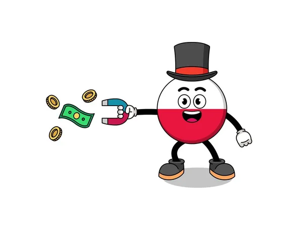 Character Illustration Poland Flag Catching Money Magnet Character Design — Stock Vector