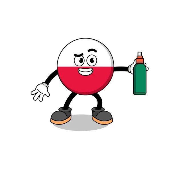 Poland Bandiera Illustrazione Cartone Animato Tenendo Repellente Zanzare Character Design — Vettoriale Stock
