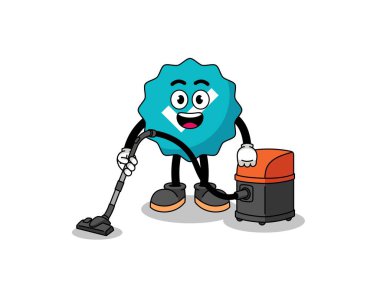 Elektrik süpürgesi ve karakter tasarımı içeren doğrulanmış tabelanın karakter maskotu