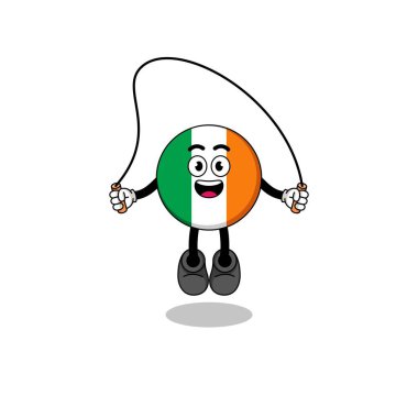İrlanda bayrağı maskotu çizgi filmi ip atlama, karakter tasarımı oynuyor.