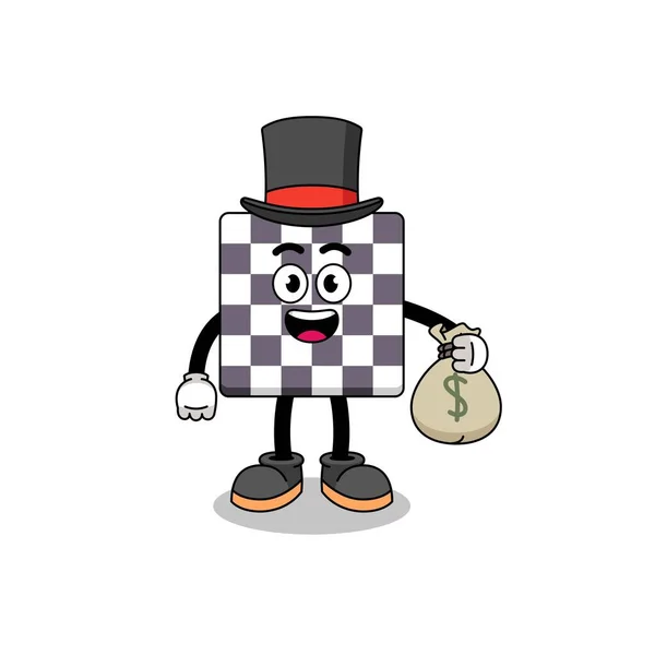 Šachovnicový Maskot Ilustrace Bohatý Muž Drží Pytel Peníze Charakter Designu — Stockový vektor