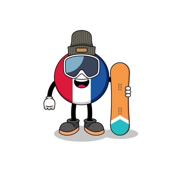Caricatura Mascota Del Jugador Snowboard Bandera Francia Diseño Del Personaje — Vector de stock