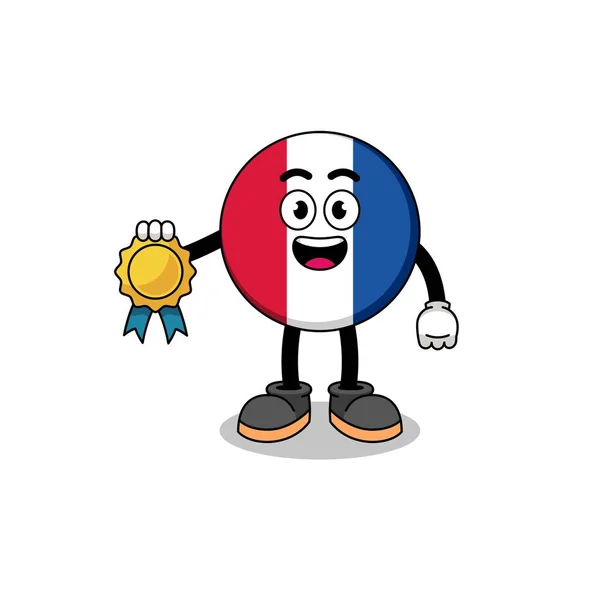 Γαλλία Σημαία Εικονογράφηση Κινουμένων Σχεδίων Εγγυημένη Ικανοποίηση Μετάλλιο Σχεδιασμός Χαρακτήρα — Διανυσματικό Αρχείο