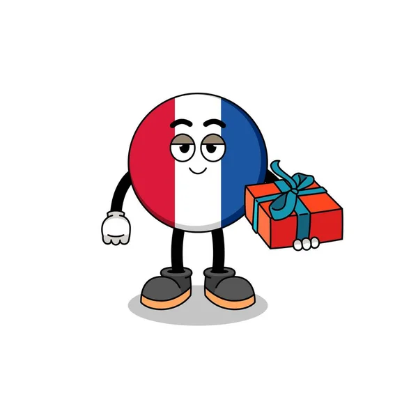 Fransa Bayrağı Maskotu Çizimi Bir Hediye Veriyor Karakter Tasarımı — Stok Vektör
