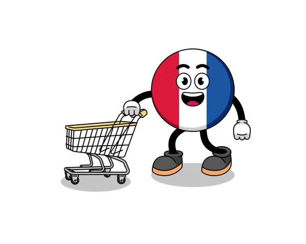 Kreskówka Flagą Francji Trzymająca Wózek Sklepowy Projekt Postaci — Wektor stockowy