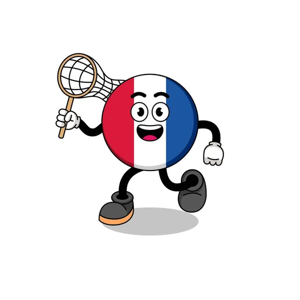 Мультфильм Французском Флаге Ловящем Бабочку Дизайн Персонажа — стоковый вектор